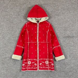 VTG Gap Kids Girl’s XL Red Faux Suede Shearling Nordic Embroidered Hooded Jacket